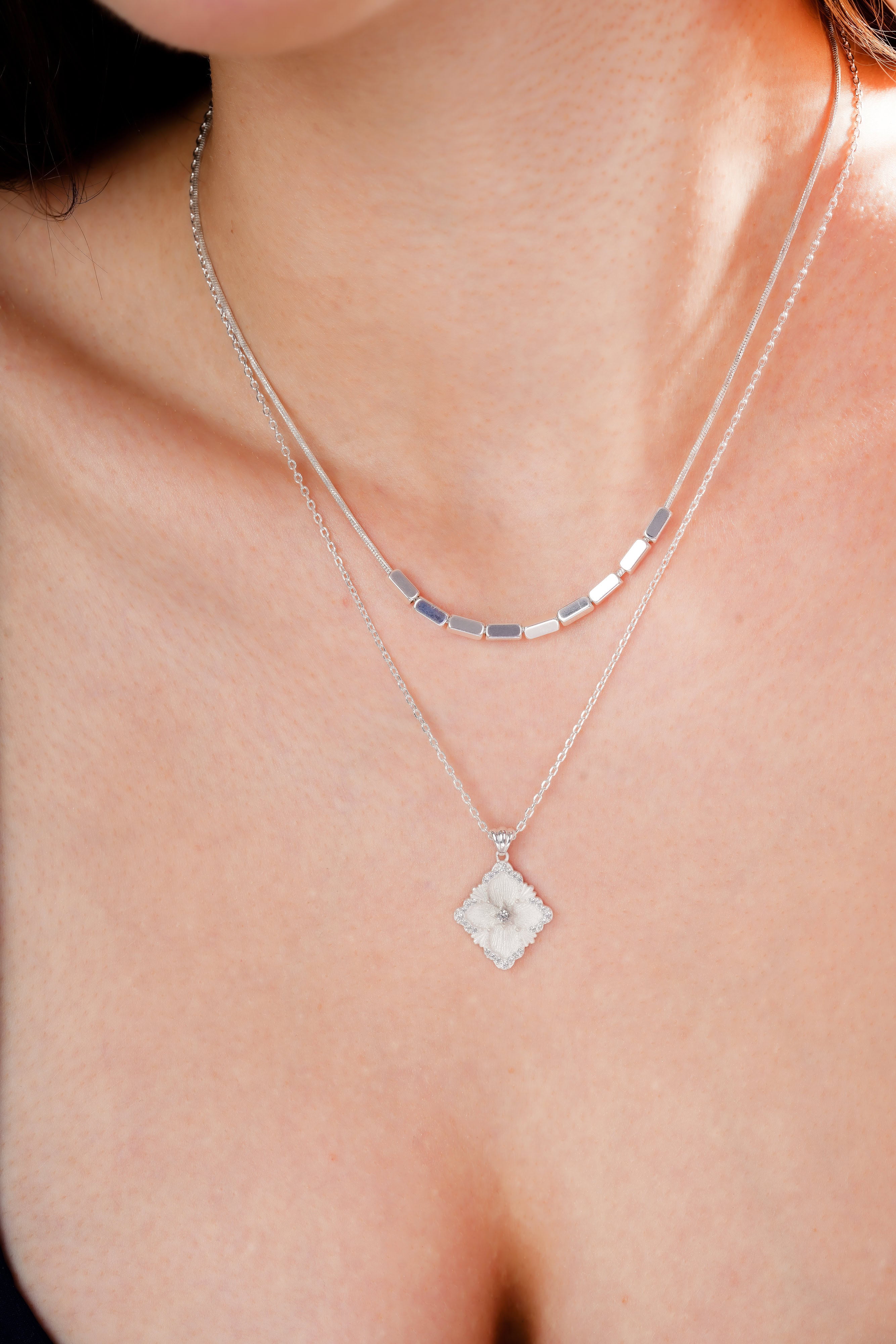 Floral Diamond Pendant Double Layer Necklace for Women