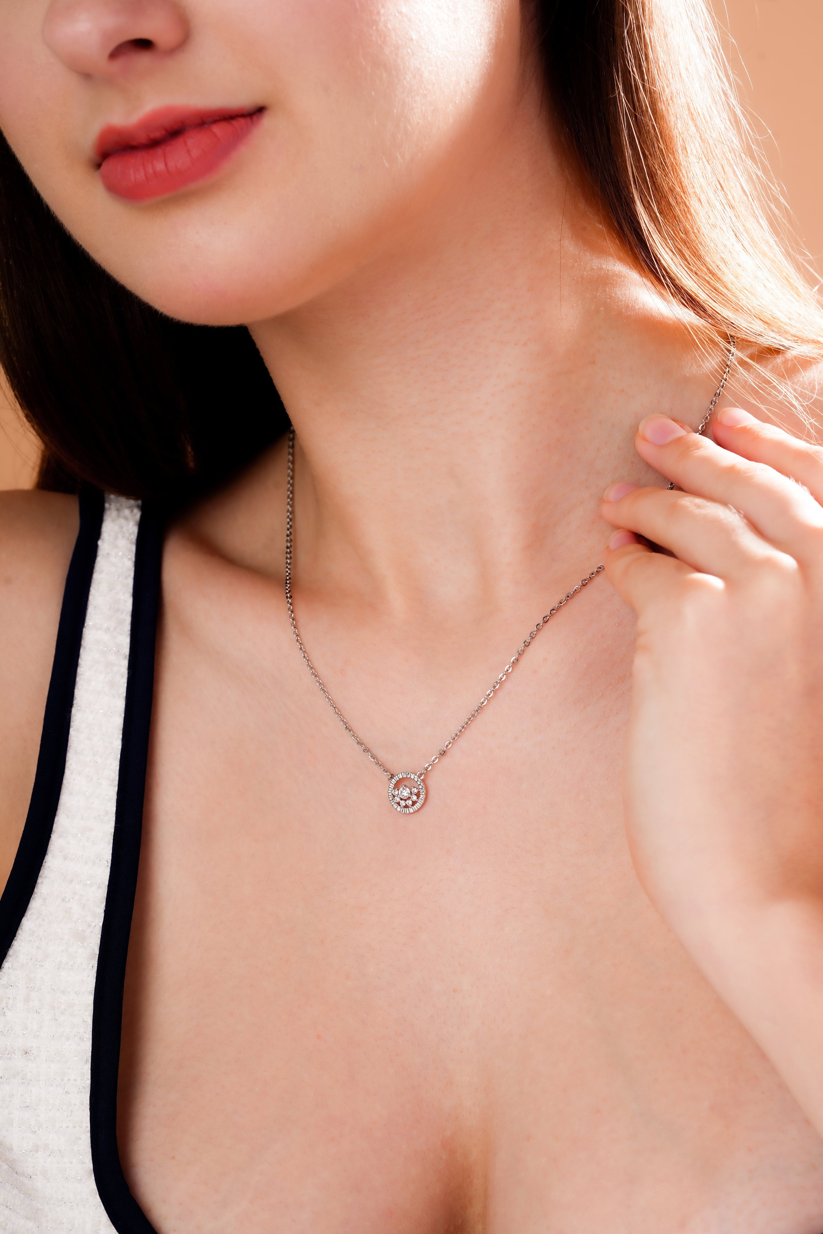 Silver-Tone Round Floral Halo Pendant Necklace for Women