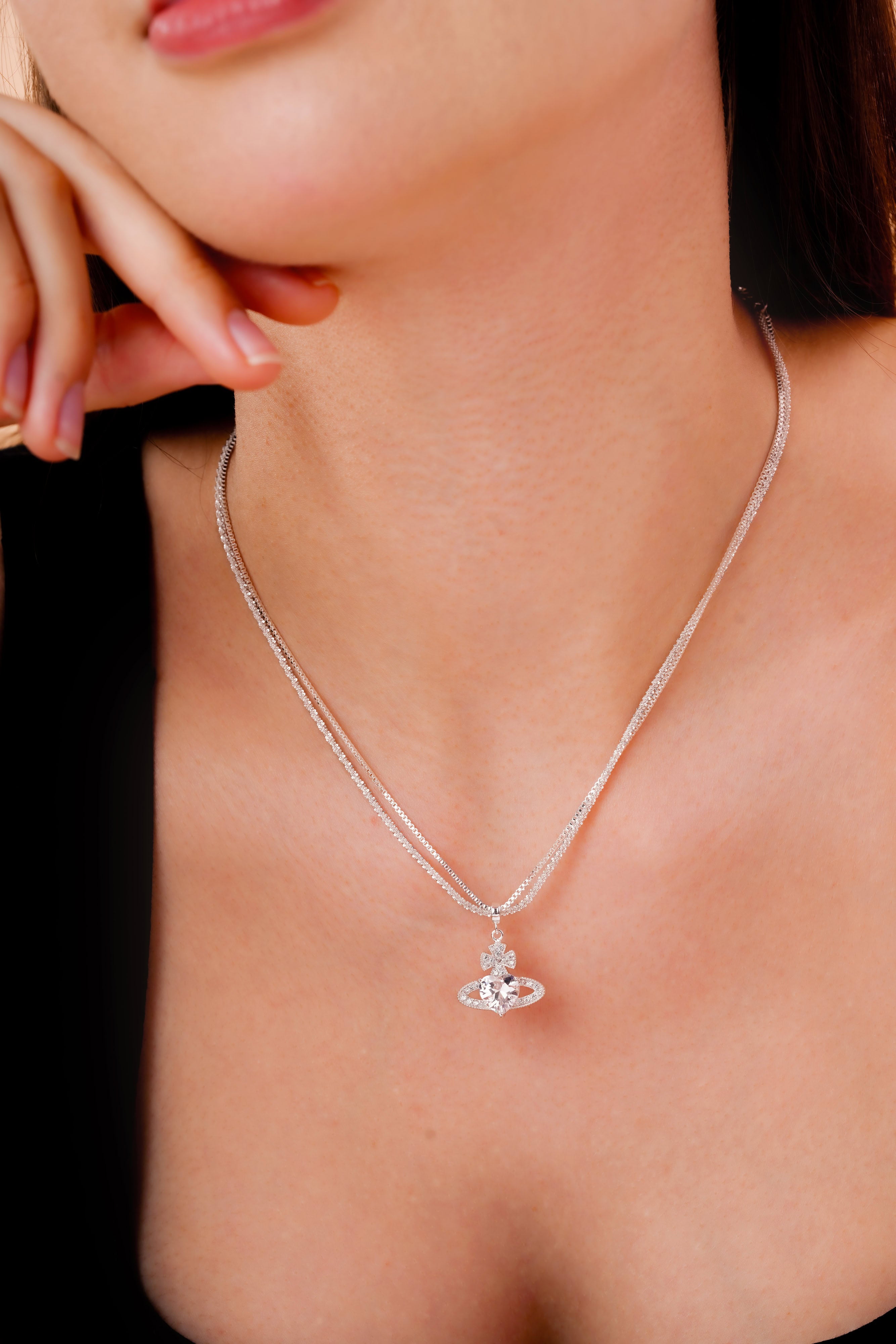 Double Chain Planet Pendant Necklace for Women | Silver