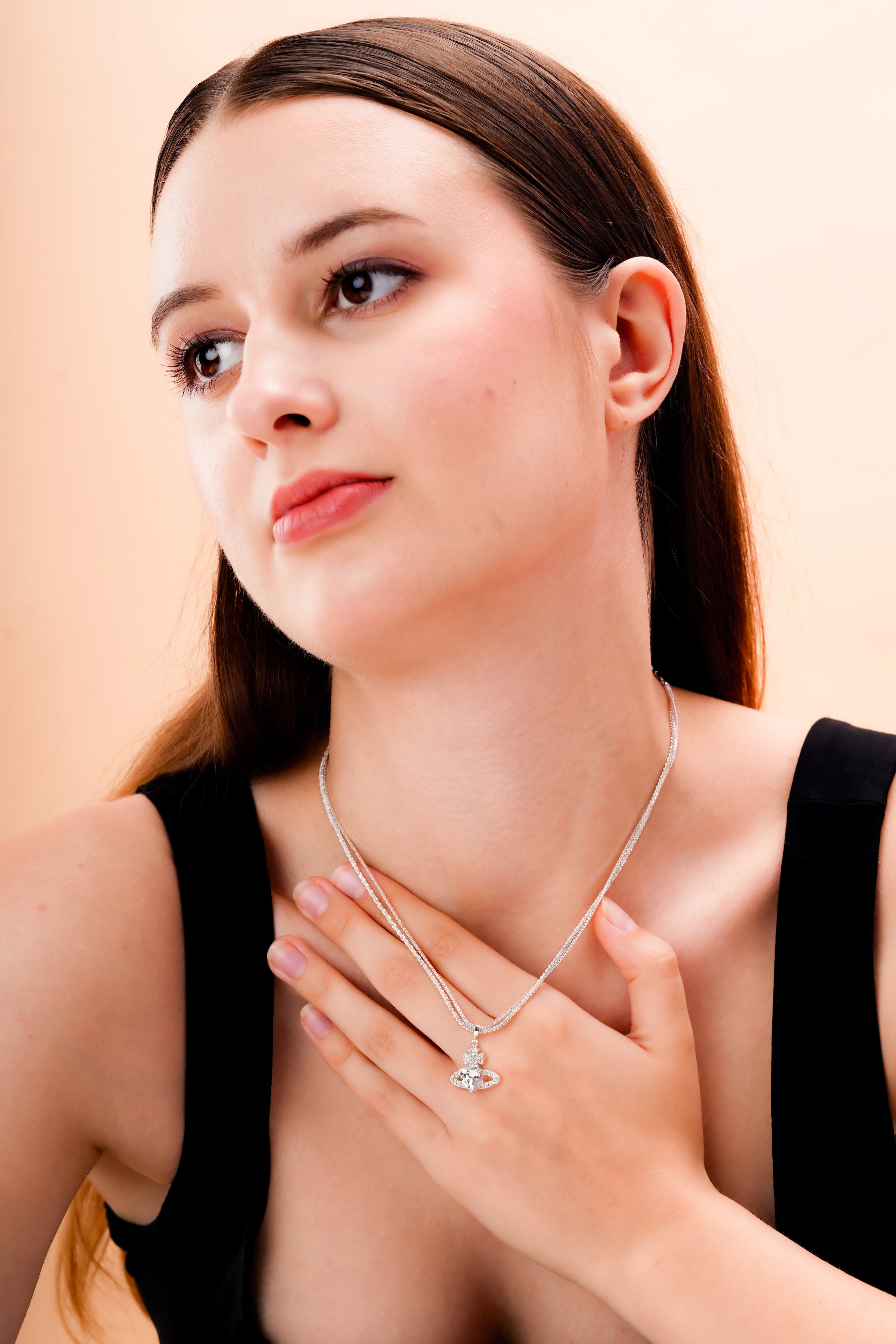 Double Chain Planet Pendant Necklace for Women | Silver