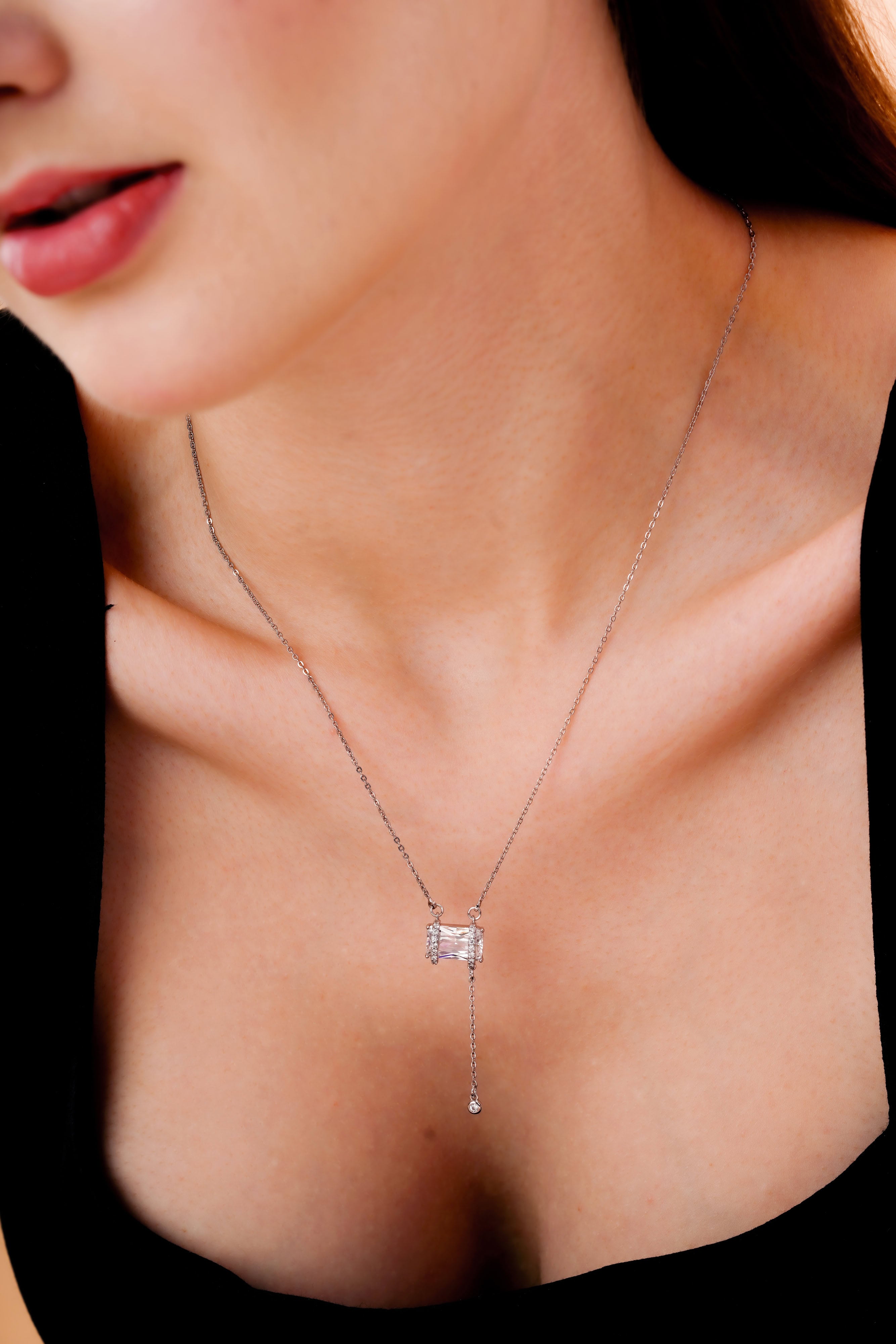 Emerald-Cut Lariat Drop Necklace for Women | Silver