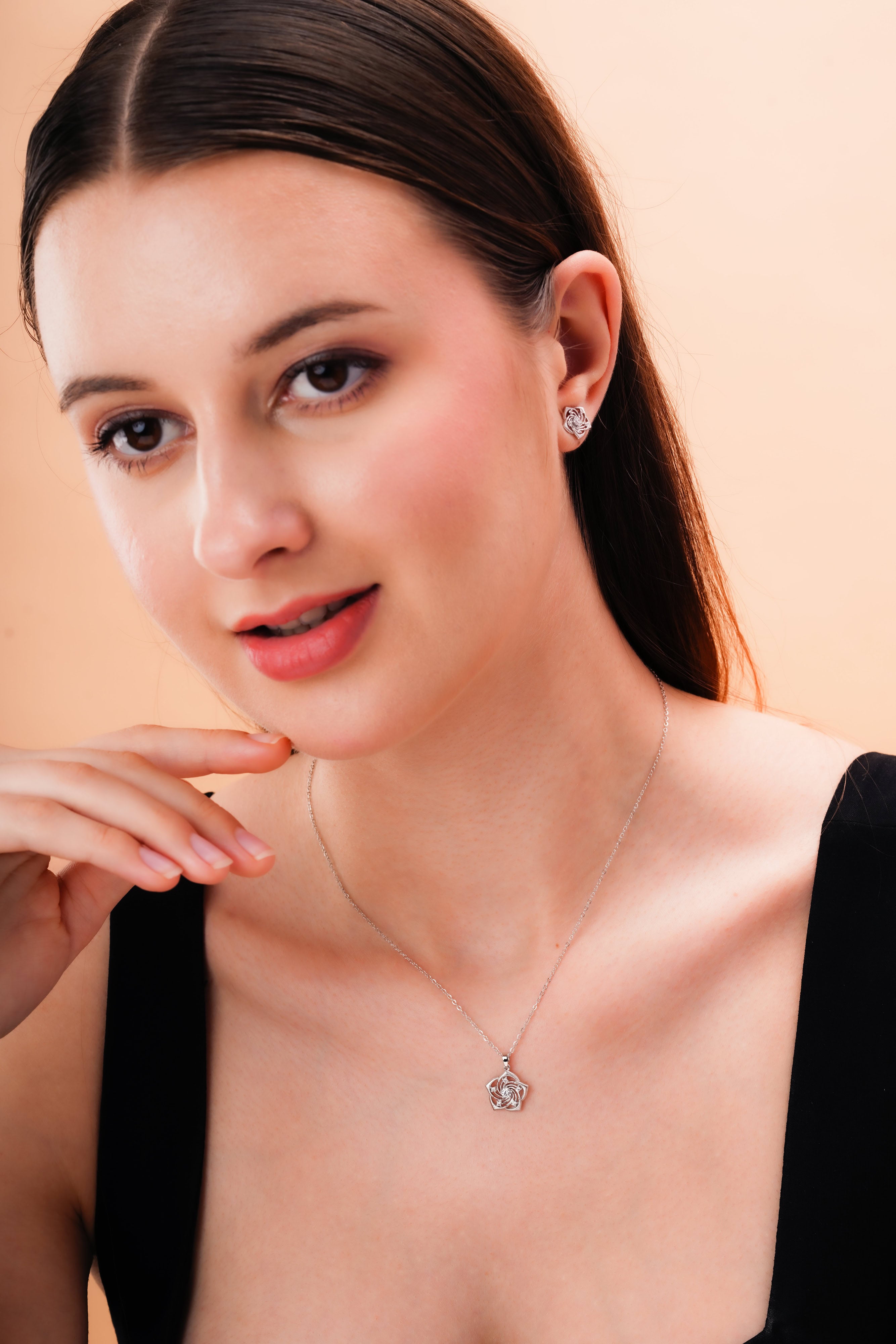 Rose Swirl Pendant Necklace and Stud Earring Set