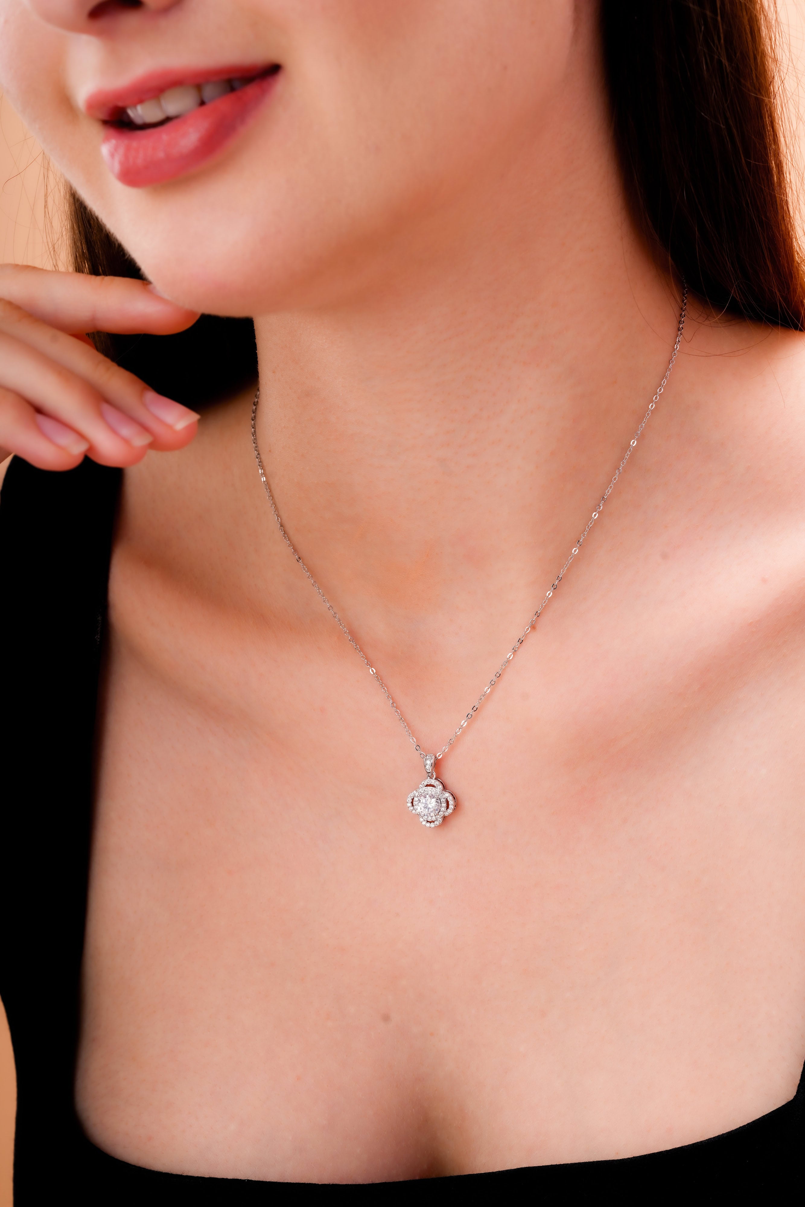 Four-Petal Halo Pendant and Stud Earring Jewelry Set