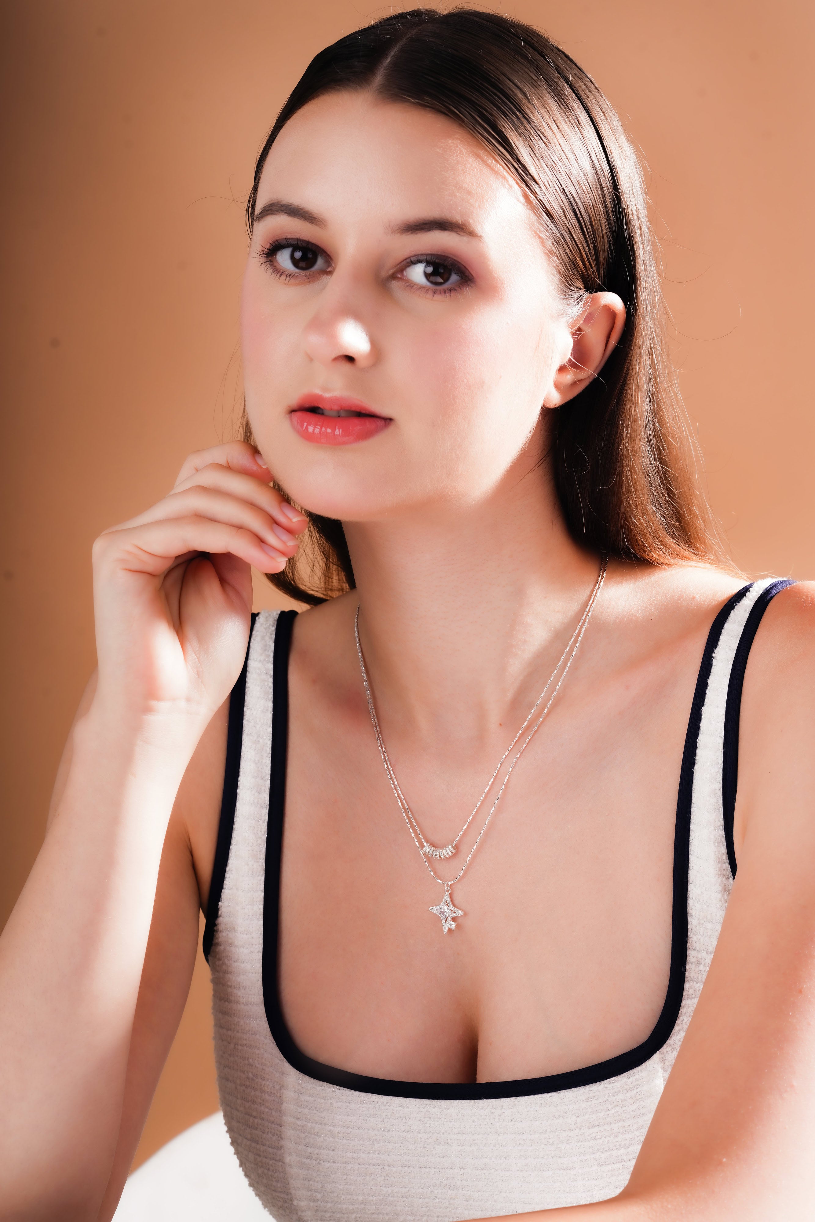 Layered Star Pendant Necklace with Curved Stone Accents