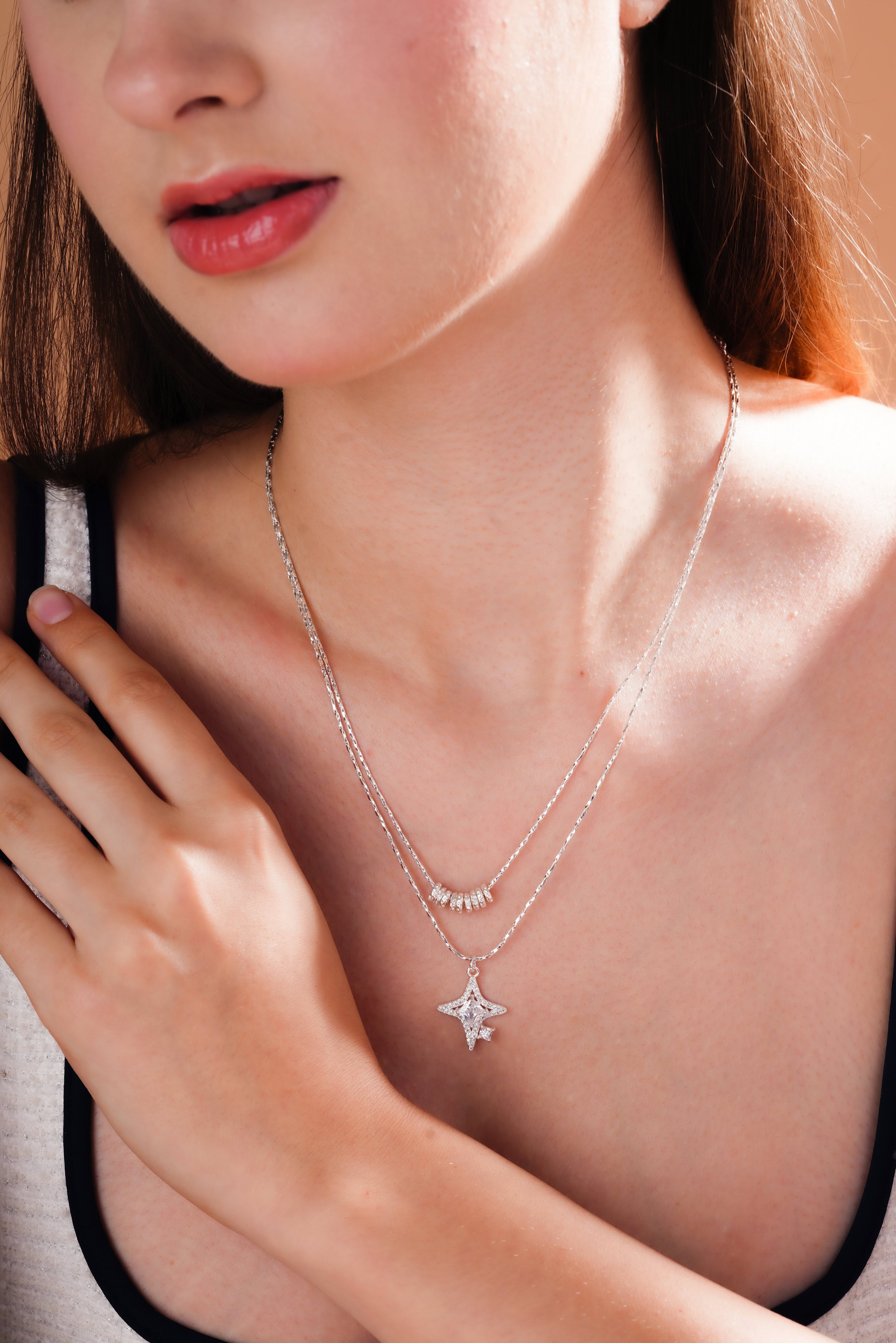 Layered Star Pendant Necklace with Curved Stone Accents