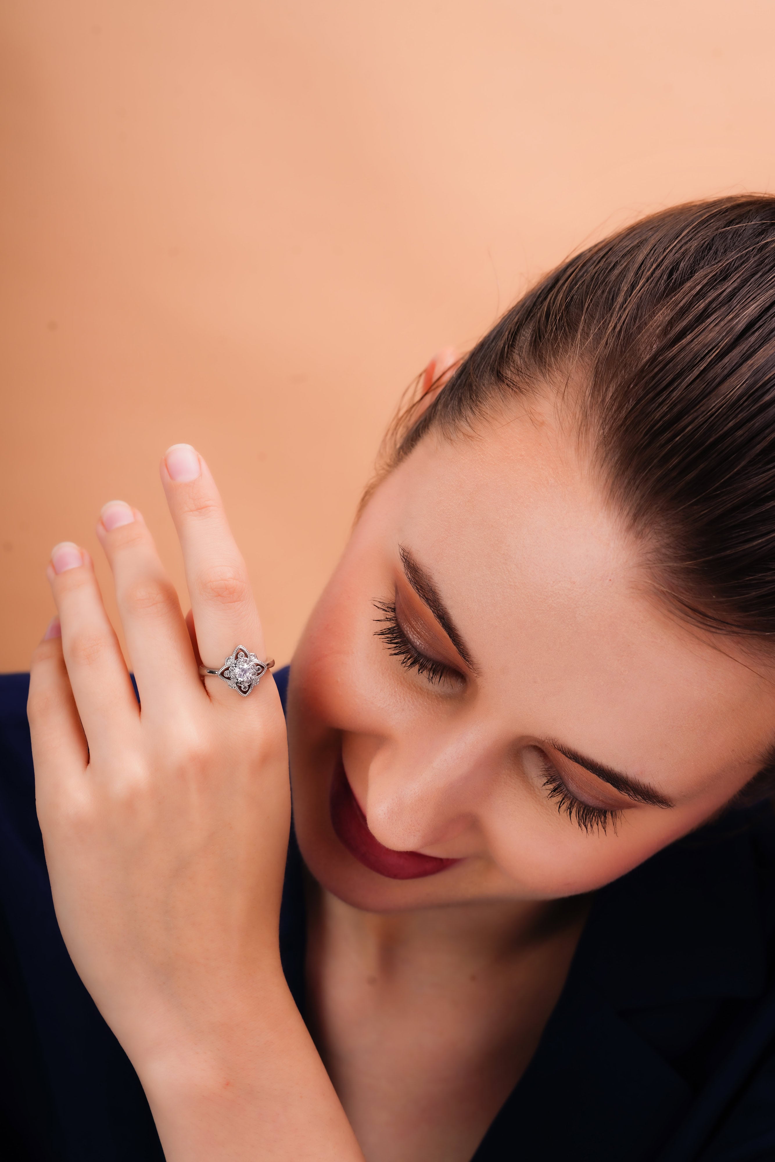 Ornate Four-Petal Halo Ring for Women