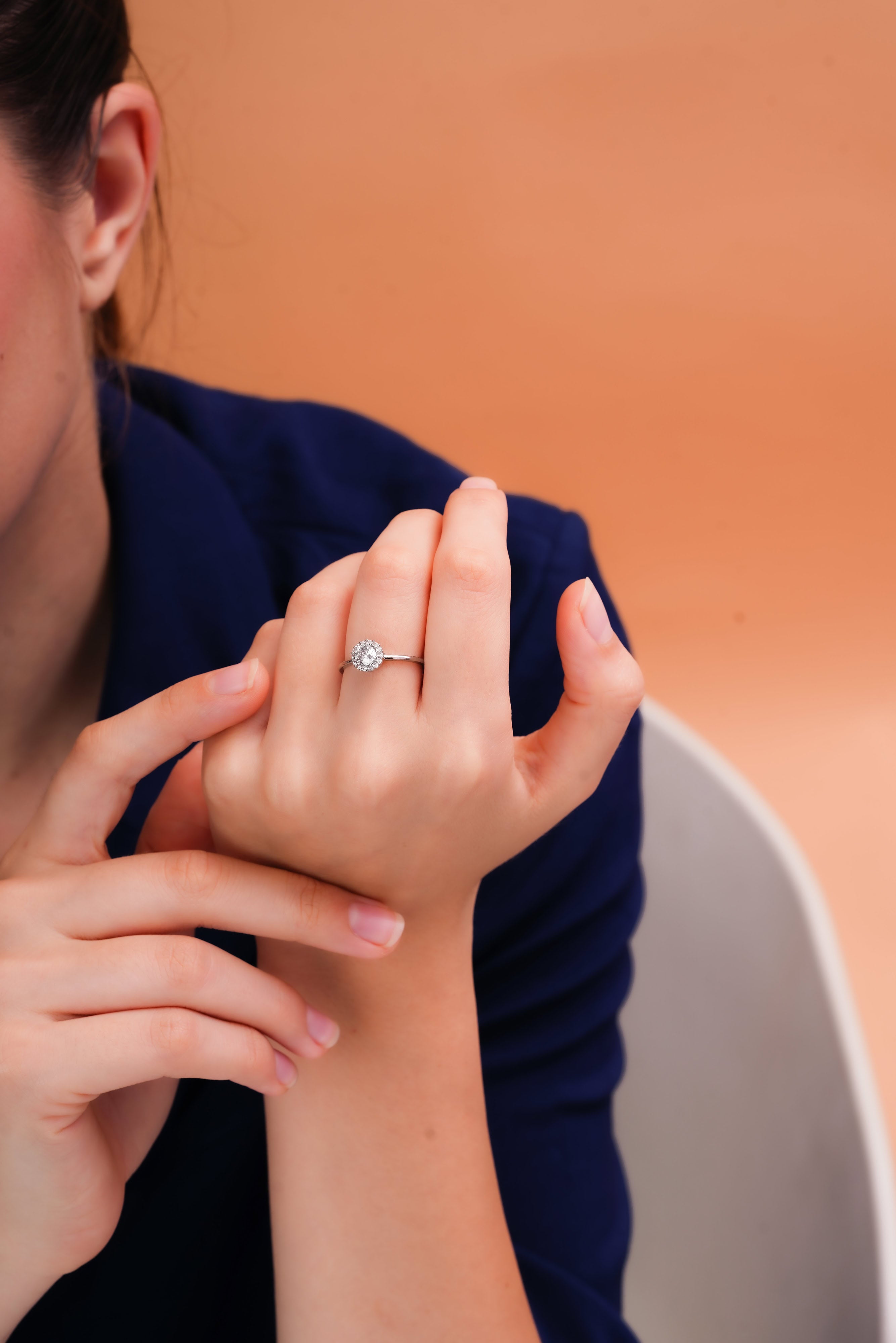 Classic Round Halo Ring with Slim Band for Women