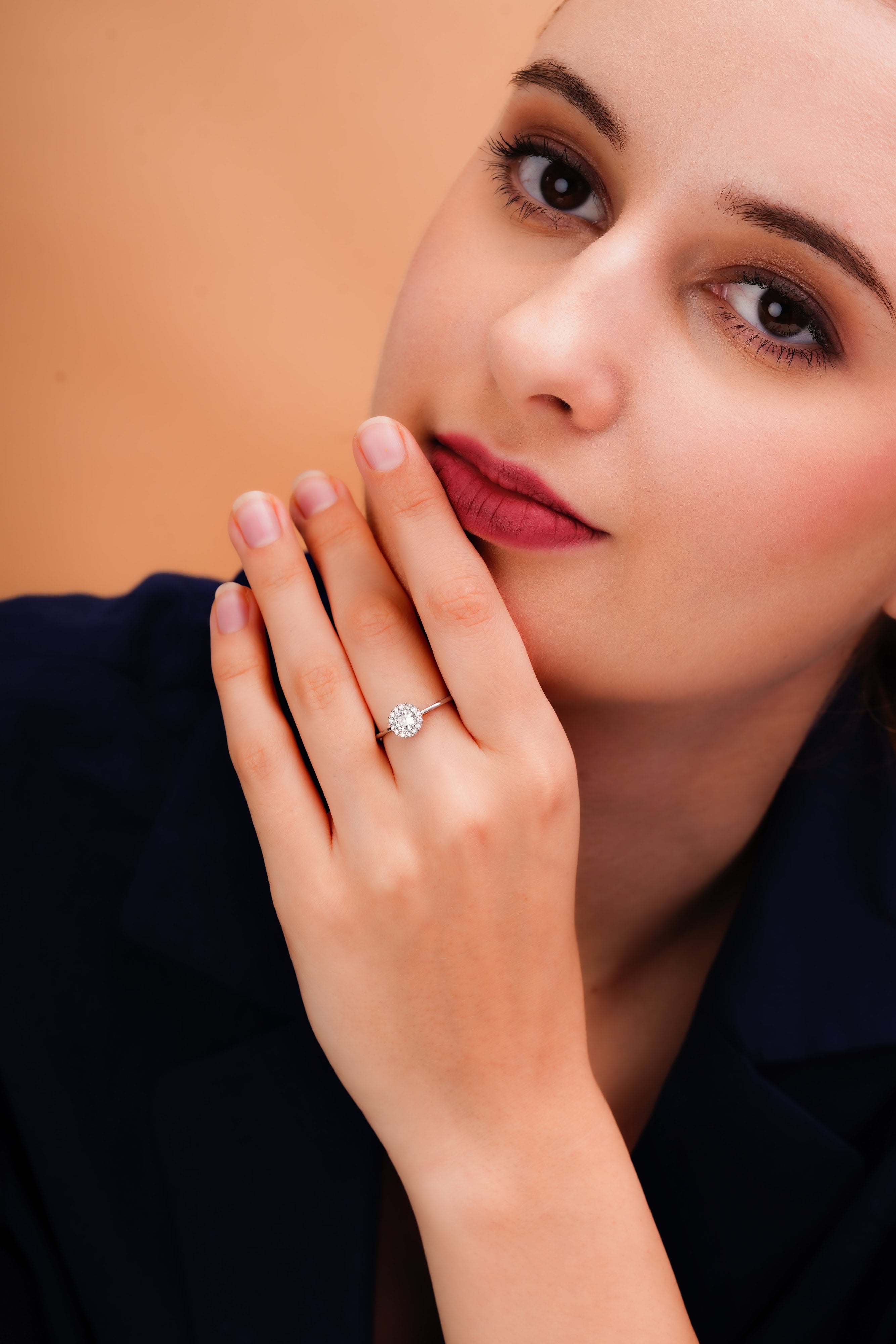 Classic Round Halo Ring with Slim Band for Women