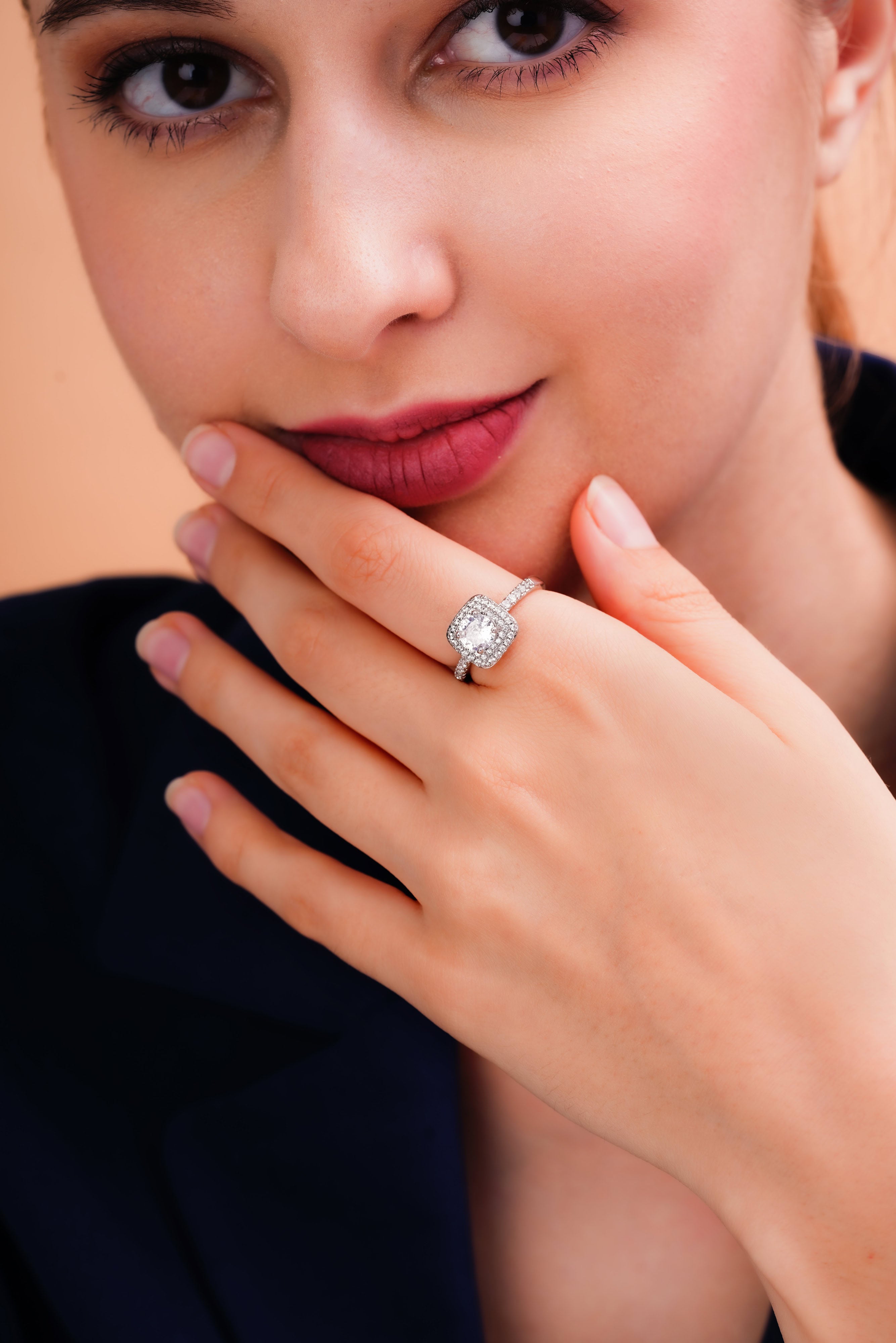 Cushion Halo Ring with Curved Pavé Band for Women