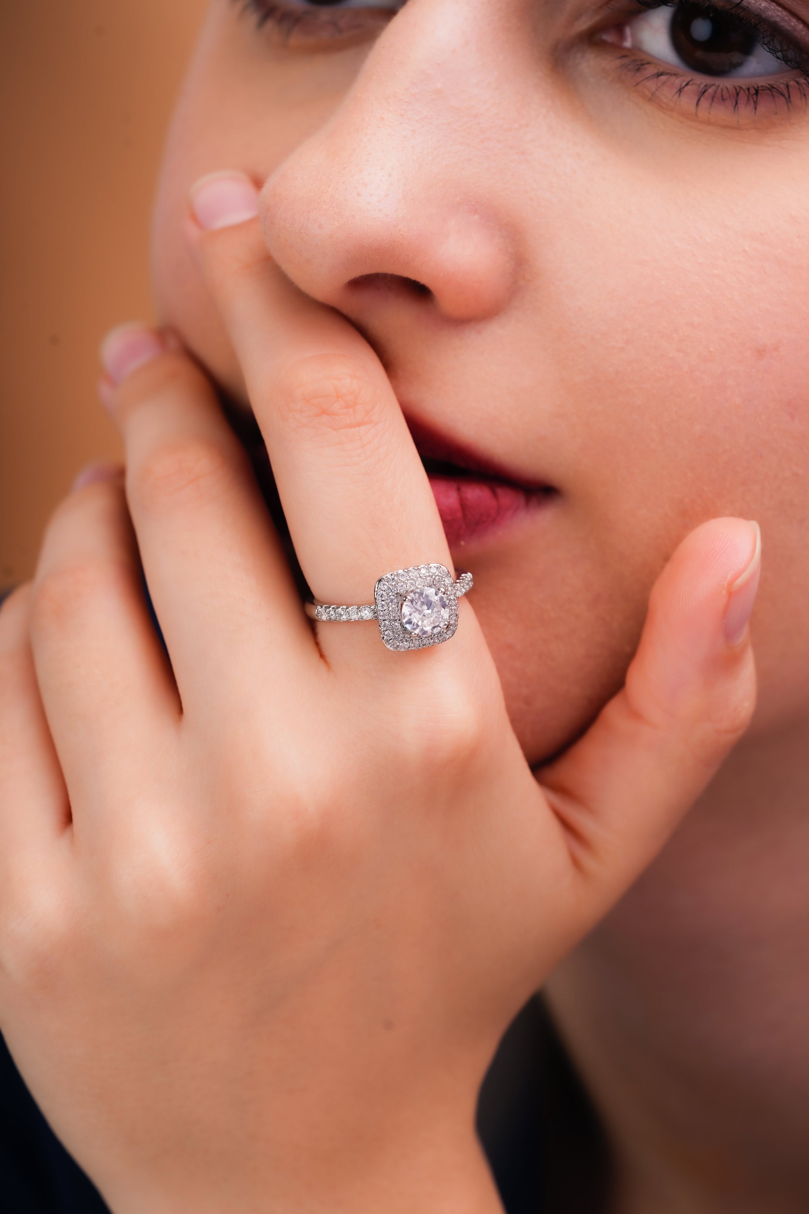 Cushion Halo Ring with Curved Pavé Band for Women