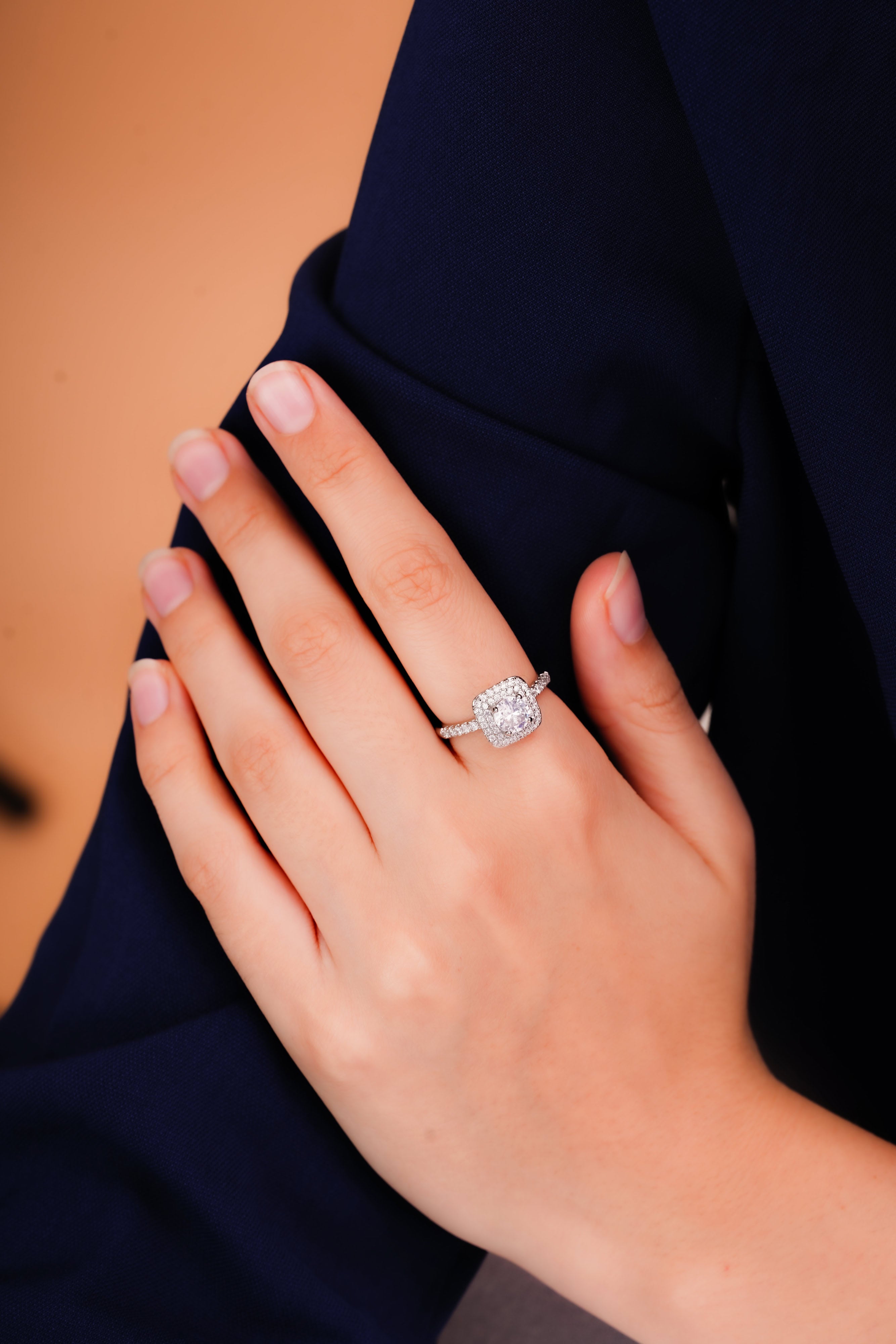 Cushion Halo Ring with Curved Pavé Band for Women