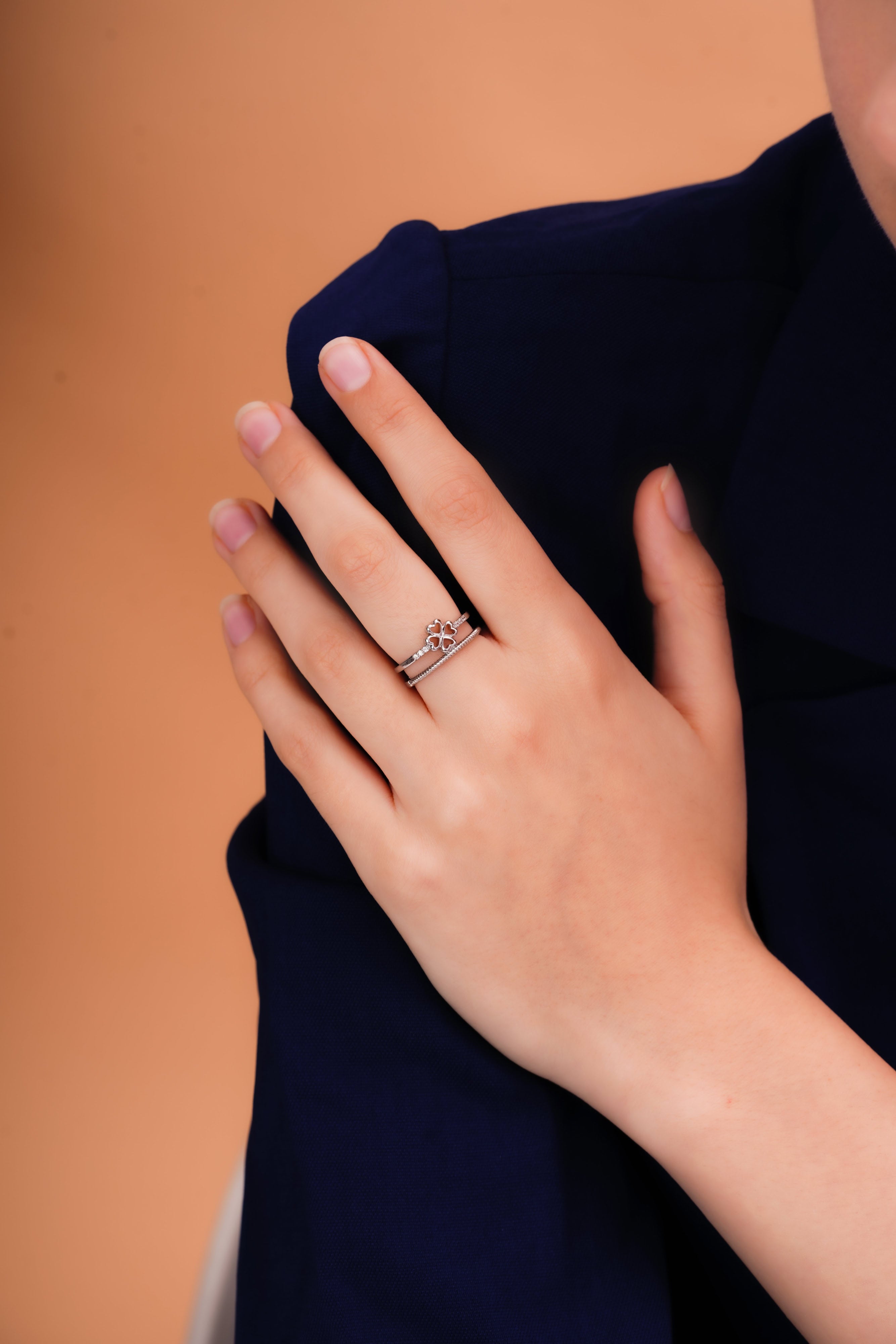 Open Clover Ring with Double Band For Women